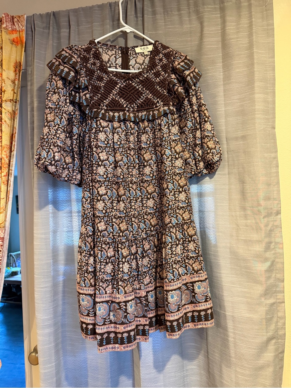 Sea New York Brown and Blue Floral Puff-Sleeve Mini Dress